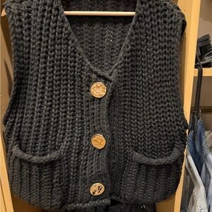 Chunky Black Knit Button-Front Vest